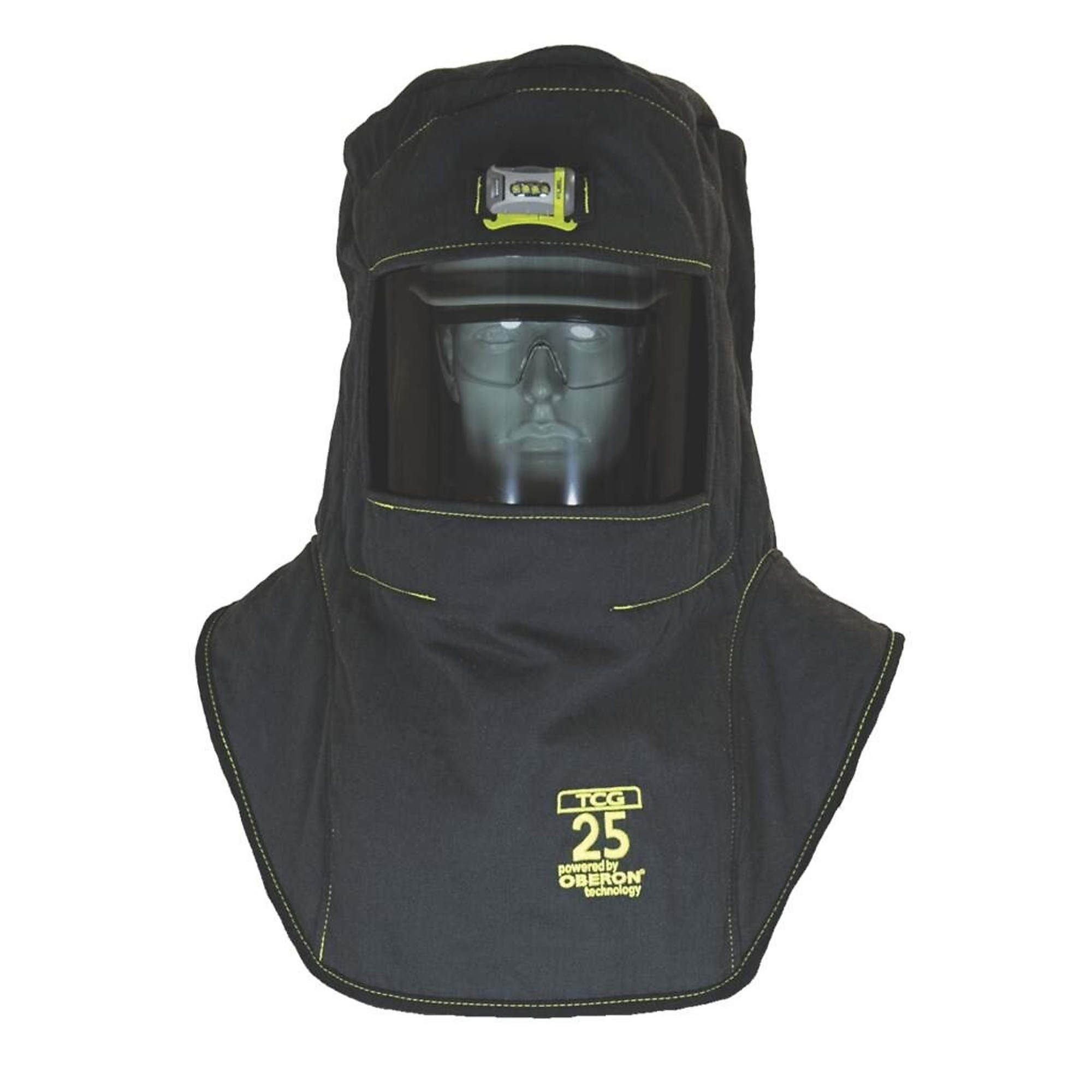 OBERON™ - Hood with Hard Cap - Arc Flash - 25 Cal TCG™ - With Fresh Air Arc Flash Hood Ventilation System & Light - Color: Black - Window: True Color Grey (TCG™) - Model # TCG25-C+HVSL